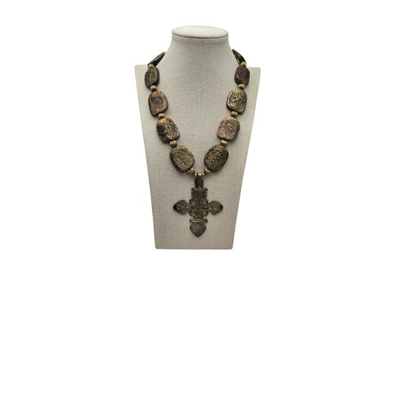 Ethiopian Cross Textured Bronze-Gold Stations Bead Statement Necklace - Picture 7 of 8